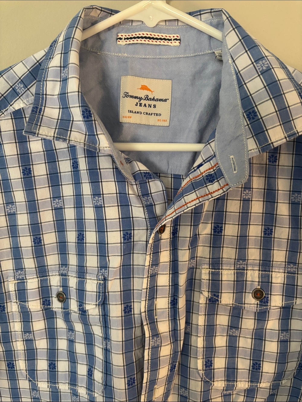 Tommy Bahama blue white gingham plaid short sleeve button down cotton medium